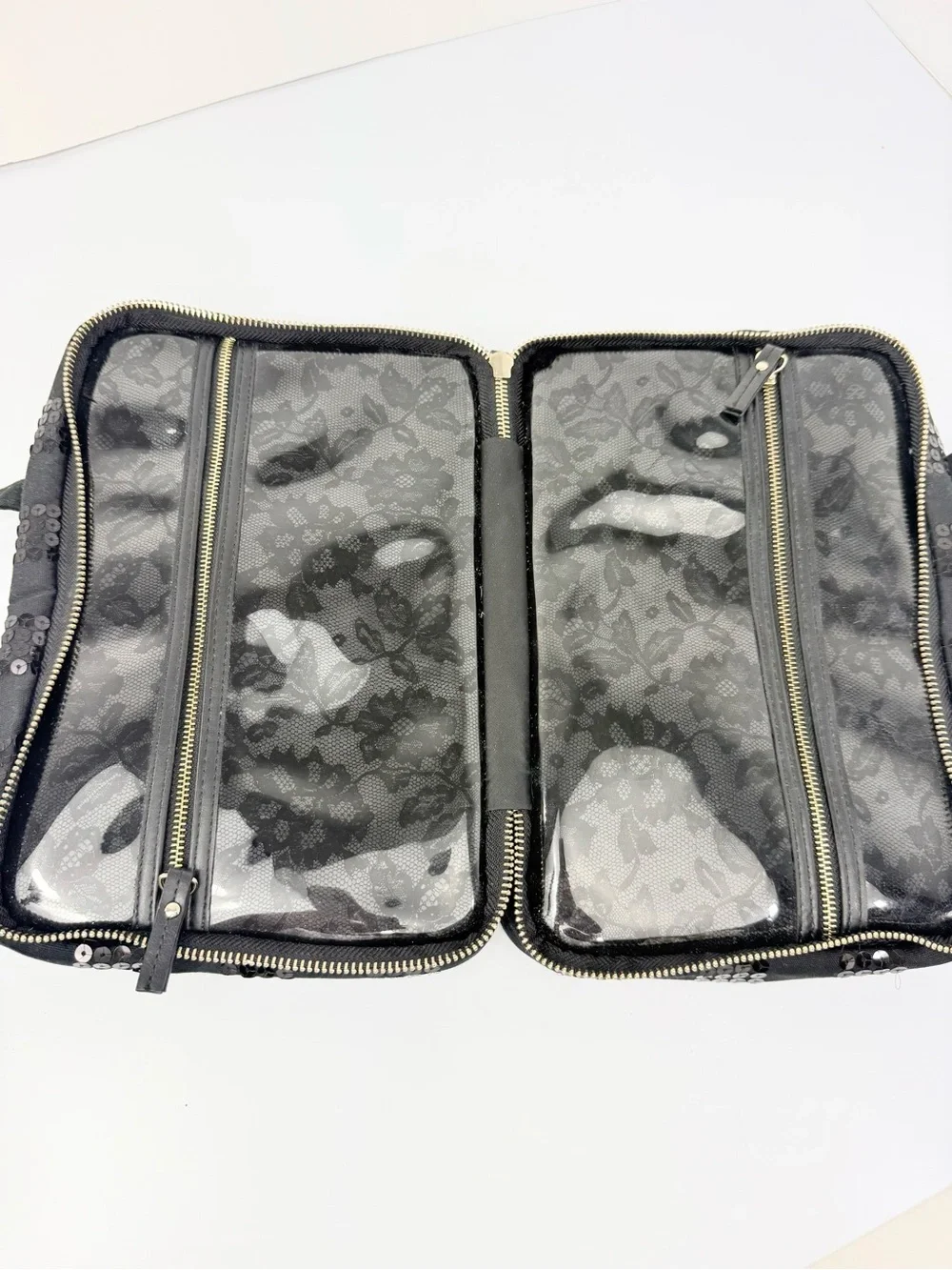 Victoria's Secret Black Canvas Sequin Stripe Double Handle Zip Toiletry Bag